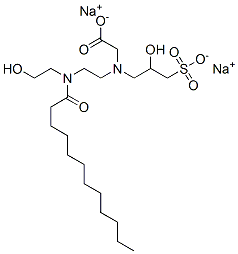 N-[2-[(2-Hydroxyethyl)(1-oxododecyl)amino]ethyl]-N-(2-hydroxy-3-sulfopropyl)glycine disodium salt Struktur