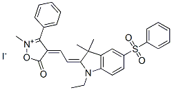 4-[[1-ethyl-1,3-dihydro-3,3-dimethyl-5-(phenylsulphonyl)-2H-indol-2-ylidene]ethylidene]-4,5-dihydro-2-methyl-5-oxo-3-phenylisoxazolium iodide Struktur