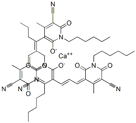 bis[5-[3-(5-cyano-1-hexyl-1,6-dihydro-2-hydroxy-4-methyl-6-oxo-3-pyridyl)allylidene]-1-hexyl-1,2,5,6-tetrahydro-4-methyl-2,6-dioxonicotinonitrile], calcium salt Struktur