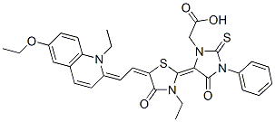 5-[5-[(6-ethoxy-1-ethyl-1H-quinolin-2-ylidene)ethylidene]-3-ethyl-4-oxothiazolidin-2-ylidene]-4-oxo-3-phenyl-2-thioxoimidazolidine-1-acetic acid Struktur