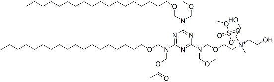 Ethanaminium, 2-[[[4-[[(acetyloxy)methyl][(octadecyloxy)methyl]amino]-6-[(methoxymethyl)[(octadecyloxy)methyl]amino]-1,3,5-triazin-2-yl](methoxymethyl)amino]methoxy]-N,N-bis(2-hydroxyethyl)-N-methyl-, methyl sulfate (salt) Struktur