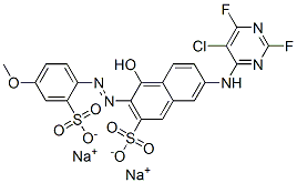 disodium 7-[(5-chloro-2,6-difluoropyrimidin-4-yl)amino]-4-hydroxy-3-[(4-methoxy-2-sulphonatophenyl)azo]naphthalene-2-sulphonate Struktur