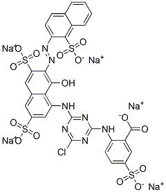 pentasodium 2-[[4-chloro-6-[[8-hydroxy-3,6-disulphonato-7-[(1-sulphonato-2-naphthyl)azo]-1-naphthyl]amino]-1,3,5-triazin-2-yl]amino]-5-sulphonatobenzoate Struktur