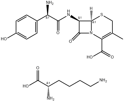 L-lysine mono[[6R-[6alpha,7beta(R*)]]-7-[[amino(4-hydroxyphenyl)acetyl]amino]-3-methyl-8-oxo-5-thia-1-azabicyclo[4.2.0]oct-2-ene-2-carboxylate] Struktur