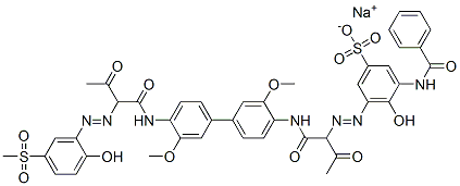 sodium 3-benzamido-4-hydroxy-5-[[1-[[4'-[[2-[[2-hydroxy-5-(methylsulphonyl)phenyl]azo]-1,3-dioxobutyl]amino]-3,3'-dimethoxy[1,1'-biphenyl]-4-yl]carbamoyl]-2-oxopropyl]azo]benzenesulphonate Struktur