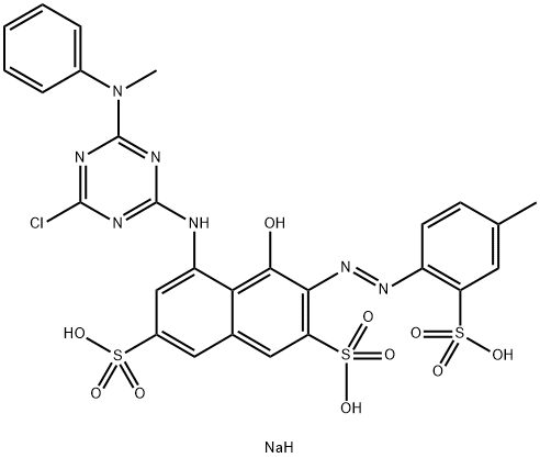 trisodium 5-[[4-chloro-6-(methylphenylamino)-1,3,5-triazin-2-yl]amino]-4-hydroxy-3-[(4-methyl-2-sulphonatophenyl)azo]naphthalene-2,7-disulphonate Struktur