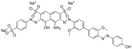 trisodium 4-amino-5-hydroxy-3-[[4'-[(4-hydroxyphenyl)azo]-3,3'-dimethoxy[1,1'-biphenyl]-4-yl]azo]-6-[(4-sulphonatophenyl)azo]naphthalene-2,7-disulphonate Struktur