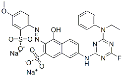 disodium 7-[[4-(ethylphenylamino)-6-fluoro-1,3,5-triazin-2-yl]amino]-4-hydroxy-3-[(4-methoxy-2-sulphonatophenyl)azo]naphthalene-2-sulphonate Struktur