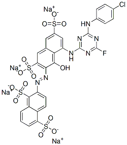 tetrasodium 2-[[8-[[4-[(4-chlorophenyl)amino]-6-fluoro-1,3,5-triazin-2-yl]amino]-1-hydroxy-3,6-disulphonato-2-naphthyl]azo]naphthalene-1,5-disulphonate Struktur