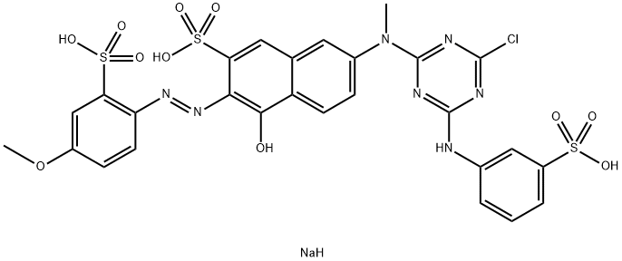 trisodium 7-[[4-chloro-6-[(3-sulphonatophenyl)amino]-1,3,5-triazin-2-yl]methylamino]-4-hydroxy-3-[(4-methoxy-2-sulphonatophenyl)azo]naphthalene-2-sulphonate Struktur