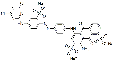 trisodium 8-amino-5-[[4-[[4-[(4,6-dichloro-1,3,5-triazin-2-yl)amino]-2-sulphonatophenyl]azo]phenyl]amino]-9,10-dihydro-9,10-dioxoanthracene-1,7-disulphonate Struktur