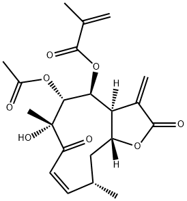 2-Methylpropenoic acid [(3aS,4S,5R,6R,8Z,10S,11aR)-5-acetoxy-2,3,3a,4,5,6,7,10,11,11a-decahydro-6-hydroxy-6,10-dimethyl-3-methylene-2,7-dioxocyclodeca[b]furan-4-yl] ester Struktur