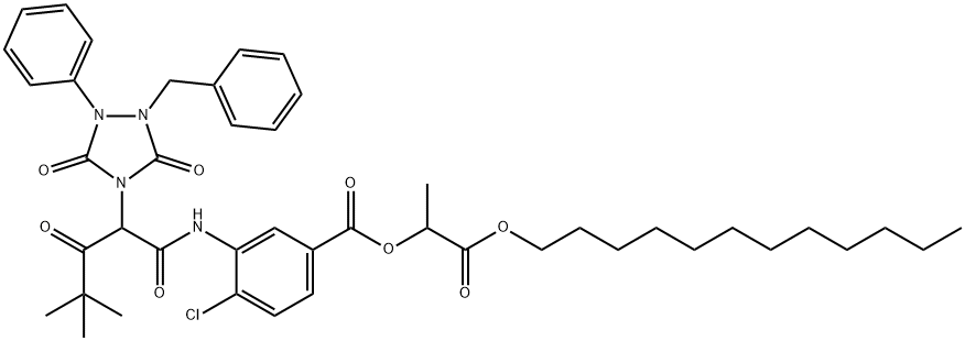 3-[2-(1-Benzyl-3,5-dioxo-2-phenyl-1,2,4-triazolidin-4-yl)-4,4-dimethyl-3-oxovalerylamino]-4-chlorobenzoic acid 1-dodecyloxycarbonylethyl ester Struktur