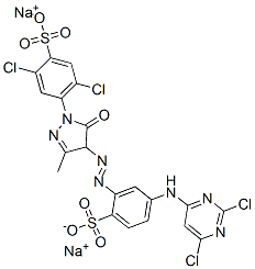 2,5-Dichloro-4-[[4-[[5-[(2,6-dichloro-4-pyrimidinyl)amino]-2-sulfophenyl]azo]-4,5-dihydro-3-methyl-5-oxo-1H-pyrazol]-1-yl]benzenesulfonic acid disodium salt Struktur