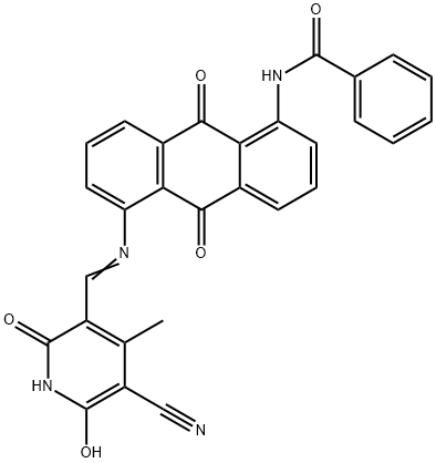 N-[5-[[(5-cyano-1,2-dihydro-6-hydroxy-4-methyl-2-oxo-3-pyridyl)methylene]amino]-9,10-dihydro-9,10-dioxo-1-anthryl]benzamide Struktur