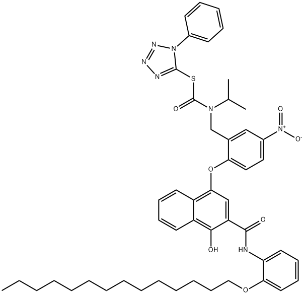 Carbamothioic acid, [[2-[[4-hydroxy-3-[[[2-(tetradecyloxy) phenyl]amino]carbonyl]-1-naphthalenyl ]oxy]-5-nitrophenyl]methyl](1-methylethyl)-, S-(1-phenyl-1H-tetrazol-5-yl) ester Struktur