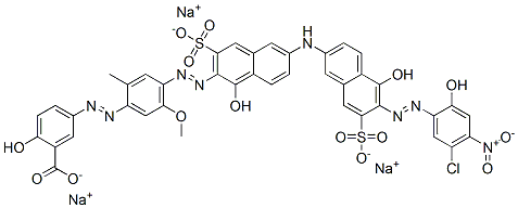 5-[[4-[[6-[[6-[(5-Chloro-2-hydroxy-4-nitrophenyl)azo]-5-hydroxy-7-sulfo-2-naphthalenyl]amino]-1-hydroxy-3-sulfo-2-naphthalenyl]azo]-5-methoxy-2-methylphenyl]azo]-2-hydroxybenzoic acid trisodium salt Struktur