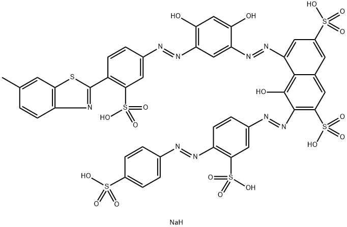 pentasodium 5-[[2,4-dihydroxy-5-[[4-(6-methylbenzothiazol-2-yl)-3-sulphonatophenyl]azo]phenyl]azo]-4-hydroxy-3-[[3-sulphonato-4-[(4-sulphonatophenyl)azo]phenyl]azo]naphthalene-2,7-disulphonate Struktur