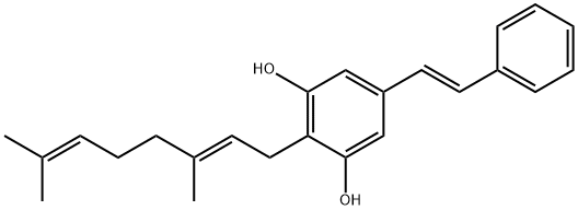 2-[(2E)-3,7-Dimethyl-2,6-octadienyl]-5-[(1E)-2-phenylethenyl]-1,3-benzenediol Struktur