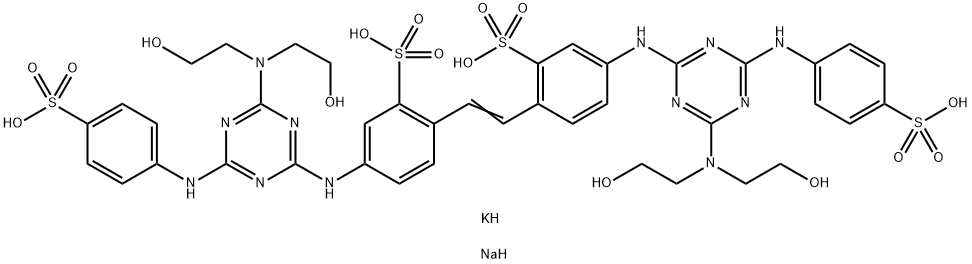 2,2'-(1,2-エテンジイル)ビス[5-[[4-[ビス(2-ヒドロキシエチル)アミノ]-6-[(4-スルホフェニル)アミノ]-1,3,5-トリアジン-2-イル]アミノ]ベンゼンスルホン酸]/カリウム/ナトリウム,(1:x:x) 化學構造式