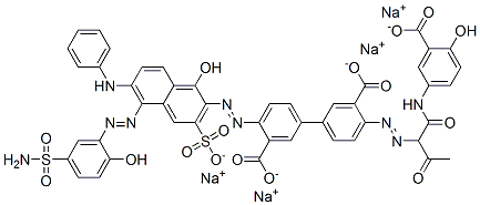 [1,1'-Biphenyl]-3,3'-dicarboxylic acid, 4-[[5-[[5-(aminosulfonyl)-2-hydroxyphenyl]azo]-1-hydroxy-6-(phenylamino)-3-sulfo-2-naphthalenyl]azo]-4'-[[1-[[(3-carboxy-4-hydroxyphenyl)amino]carbonyl]-2-oxopropyl]azo]-, tetrasodium salt Struktur