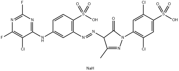 disodium 2,5-dichloro-4-[4-[[5-[(5-chloro-2,6-difluoro-4-pyrimidyl)amino]-2-sulphonatophenyl]azo]-4,5-dihydro-3-methyl-5-oxo-1H-pyrazol-1-yl]benzenesulphonate Struktur