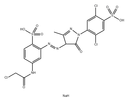 disodium 4-[(chloroacetyl)amino]-2-[[1-(2,5-dichloro-4-sulphonatophenyl)-4,5-dihydro-3-methyl-5-oxo-1H-pyrazol-4-yl]azo]benzenesulphonate Struktur