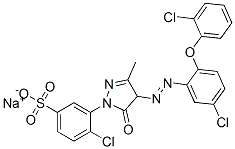 sodium 4-chloro-3-[4-[[5-chloro-2-(2-chlorophenoxy)phenyl]azo]-4,5-dihydro-3-methyl-5-oxo-1H-pyrazol-1-yl]benzenesulphonate Struktur