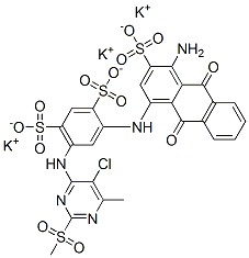 tripotassium 4-[(4-amino-9,10-dihydro-9,10-dioxo-3-sulphonato-1-anthryl)amino]-6-[[5-chloro-6-methyl-2-(methylsulphonyl)pyrimidin-4-yl]amino]benzene-1,3-disulphonate Struktur