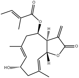 (E)-2-Methyl-2-butenoic acid [(3aR,4R,6E,8S,10E,11aR)-2,3,3a,4,5,8,9,11a-octahydro-8-hydroxy-6,10-dimethyl-3-methylene-2-oxocyclodeca[b]furan-4-yl] ester Struktur