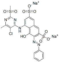 5-[[5-Chloro-6-methyl-2-(methylsulfonyl)-4-pyrimidinyl]amino]-4-hydroxy-3-(phenylazo)-2,7-naphthalenedisulfonic acid disodium salt Struktur