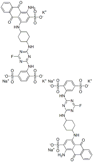 2-[[4-[[4-[(4-amino-9,10-dihydro-9,10-dioxo-3-sulpho-1-anthryl)amino]cyclohexyl]amino]-6-fluoro-1,3,5-triazin-2-yl]amino]benzene-1,4-disulphonic acid, potassium sodium salt Struktur