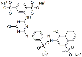 2-[[4-Chloro-6-[[4-[(1-hydroxy-4-sulfo-2-naphthalenyl)azo]-3-sulfophenyl]amino]-1,3,5-triazin-2-yl]amino]-1,4-benzenedisulfonic acid tetrasodium salt Struktur