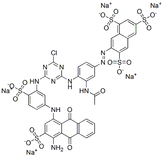 pentasodium 7-[[3-(acetylamino)-4-[[4-[[5-[(4-amino-9,10-dihydro-9,10-dioxo-3-sulphonato-1-anthryl)amino]-2-sulphonatophenyl]amino]-6-chloro-1,3,5-triazin-2-yl]amino]phenyl]azo]naphthalene-1,3,6-trisulphonate Struktur