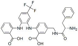 Benzoic  acid,  5-[[[(2S)-2-amino-1-oxo-3-phenylpropyl]amino]methyl]-2-[[2-[(2-carboxyphenyl)amino]-5-(trifluoromethyl)phenyl]amino]- Struktur