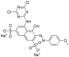 disodium 5-[(4,6-dichloro-1,3,5-triazin-2-yl)amino]-4-hydroxy-3-[(4-methoxyphenyl)azo]naphthalene-2,7-disulphonate Struktur