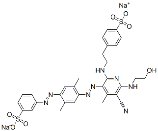 Benzenesulfonic acid,3-[[4-[[5-cyano-6-[(2-hydroxyethyl)amino]-4-methyl-2-[[2-(4-sulfophenyl)ethyl]amino]-3-pyridinyl]azo]-2,5-dimethylphenyl]azo]-,disodium salt Struktur