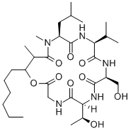 Glycine, N-(N-(N-(N-(N-(3-hydroxy-2-methyl-1-oxononyl)-N-methyl-L-leuc yl)-L-valyl)-L-seryl)-L-allothreonyl)-, rho-lactone Struktur