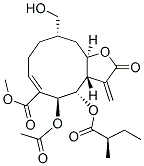 (3aS,4S,5S,6E,10S,11aR)-5-Acetoxy-2,3,3a,4,5,8,9,10,11,11a-decahydro-10-hydroxymethyl-3-methylene-4-[(R)-2-methyl-1-oxobutoxy]-2-oxocyclodeca[b]furan-6-carboxylic acid methyl ester Struktur