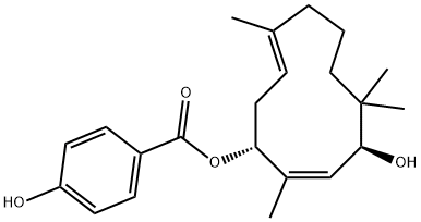 4-Hydroxybenzoic acid 2,5,5,9-tetramethyl-4-hydroxy-2,9-cycloundecadien-1-yl ester Struktur