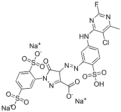 1H-Pyrazole-3-carboxylic acid, 4-[[5-[(5-chloro-2-fluoro- 6-methyl-4-pyrimidinyl)amino]-2-sulfophenyl]azo] -1-(2,5-disulfophenyl)-4,5-dihydro-5-oxo-, trisodium salt Struktur