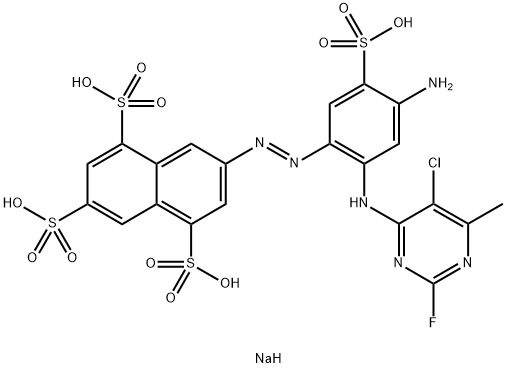 1,3,5-Naphthalenetrisulfonic acid, 7-[[4-amino-2-[(5-chloro- 2-fluoro-6-methyl-4-pyrimidinyl)amino]-5-sulfophenyl ]azo]-, tetrasodium salt Struktur