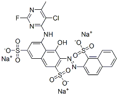 2,7-Naphthalenedisulfonic acid, 5-[(5-chloro-2-fluoro-6-methyl- 4-pyrimidinyl)amino]-4-hydroxy-3-[(1-sulfo-2 -naphthalenyl)azo]-, trisodium salt Struktur