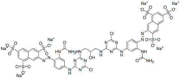 hexasodium 7,7'-[(2-hydroxypropane-1,3-diyl)bis[imino(6-chloro-1,3,5-triazine-4,2-diyl)imino[2-[(aminocarbonyl)amino]-4,1-phenylene]azo]]bisnaphthalene-1,3,6-trisulphonate Struktur