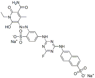 disodium 6-[[4-[[3-[[5-(aminocarbonyl)-1-ethyl-1,6-dihydro-2-hydroxy-4-methyl-6-oxo-3-pyridyl]azo]-4-sulphonatophenyl]amino]-6-fluoro-1,3,5-triazin-2-yl]amino]naphthalene-2-sulphonate Struktur