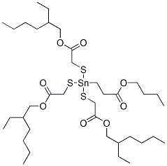 2-ethylhexyl 4-(3-butoxy-3-oxopropyl)-10-ethyl-4-[[2-[(2-ethylhexyl)oxy]-2-oxoethyl]thio]-7-oxo-8-oxa-3,5-dithia-4-stannatetradecanoate Struktur