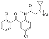 N-[4-chloro-2-(2-chlorobenzoyl)phenyl]-2-(cyclopropylamino)-N-methyl-a cetamide hydrochloride Struktur