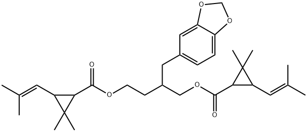 [2-(benzo[1,3]dioxol-5-ylmethyl)-4-[2,2-dimethyl-3-(2-methylprop-1-eny l)cyclopropanecarbonyl]oxy-butyl] 2,2-dimethyl-3-(2-methylprop-1-enyl) cyclopropane-1-carboxylate Struktur