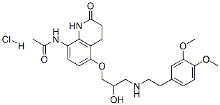 N-[5-[3-[2-(3,4-dimethoxyphenyl)ethylamino]-2-hydroxy-propoxy]-2-oxo-3 ,4-dihydro-1H-quinolin-8-yl]acetamide hydrochloride Struktur