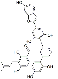 (+)-[2-[2,6-Dihydroxy-4-(6-hydroxybenzofuran-2-yl)phenyl]-6-(2,4-dihydroxyphenyl)-4-methyl-3-cyclohexen-1-yl][2,4-dihydroxy-3-(3-methyl-2-buten-1-yl)phenyl]methanone Struktur